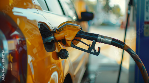 pumping gasoline fuel in car at gas station. fuel gasoline dispenser background , transportation