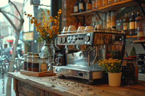 A hipster coffee shop buzzing with the sound of grinding beans and frothing milk, offering artisanal blends and trendy brews. Concept of coffee culture and urban lifestyle. Generative Ai.