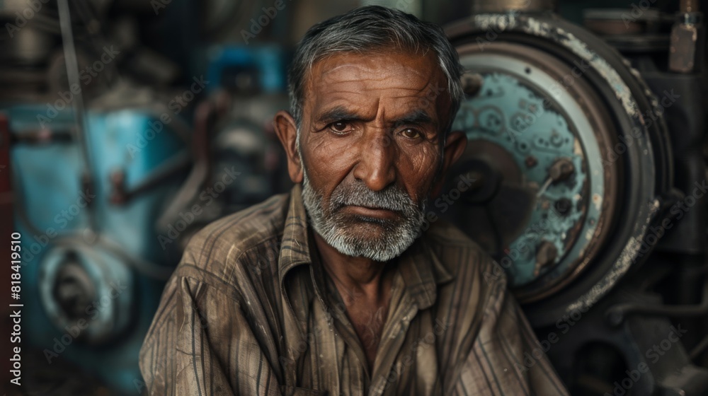 An up-close portrait of a seasoned worker, his hands worn yet skilled, meticulously operating machinery An up-close portrait of a seasoned worker, his hands worn yet skilled, meticulously operating machinery