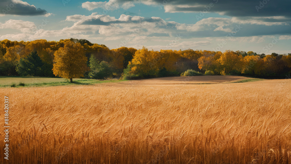 Fototapeta premium Scenic view of golden wheat field against backdrop of trees in autumn.