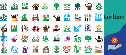 Garden flat icons set including flowers,plot,dacha,grass,watering can,trees,care,digger icons,and more signs color.