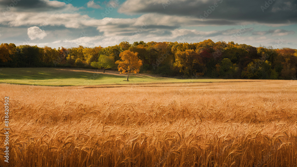 Fototapeta premium Golden wheat fields in Autumn Farm with colorful trees in the background