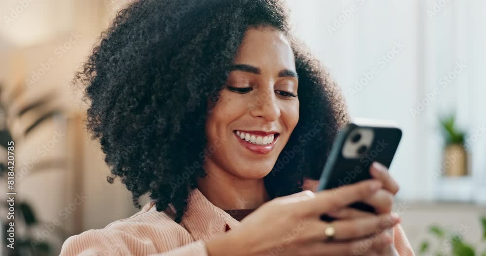Woman, home and sofa and scrolling with smartphone, communication and browse on social media or smile for post. Website, online conversation and update blog on internet, apartment and typing or relax