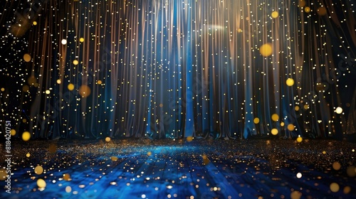 An elegant stage background with blue and gold lights  golden confetti falling on the dark stage behind the curtain.