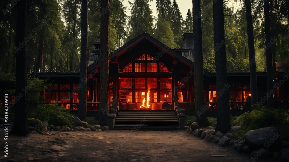 Burning house in the forest at night. generative ai Burning house in the forest at night. generative ai