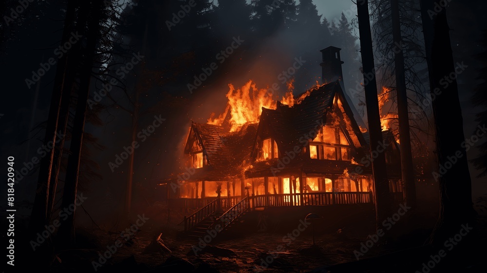 Burning house in the forest at night. generative ai Burning house in the forest at night. generative ai