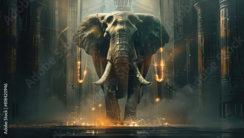 An elephant with the head of an ancient pharaoh, standing in a dark and empty hall, with glowing cables hanging from its trunk, photo