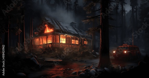 Abandoned house in a forest during a fire. Horror scene.. Generative AI