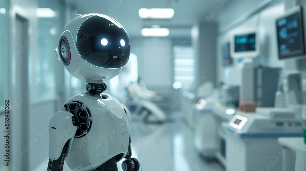 A friendly robot assistant stands in a modern medical facility, representing advanced technology and automation in healthcare environments.