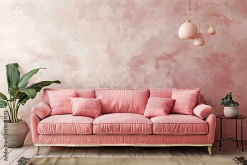 Living room interior wall mock up with pastel coral pink sofa and armchair round pillows plaid pendant lamp and decorative arch on beige wall background. 3D rendering. photo