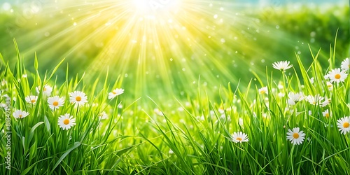  Beautiful spring meadow with grass and flowers in sunlight background banner, spring themed designs, nature projects, backgrounds, greeting cards, and floral themed marketing materials.  © Five Million Stocks