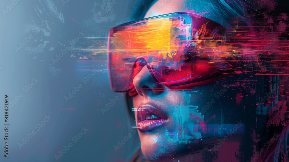 Close-up of a woman wearing a neon visor, featuring abstract digital art effects and vibrant colors, creating a futuristic and cyberpunk vibe. Close-up of a woman wearing a neon visor, featuring abstract digital art effects and vibrant colors, creating a futuristic and cyberpunk vibe.