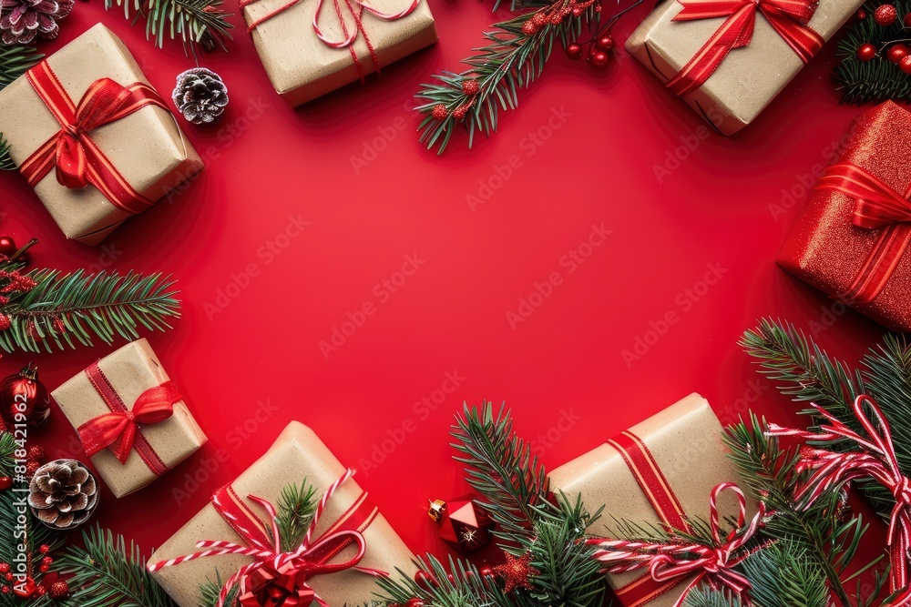 Card with Christmas frame for text with fir decorations and gifts on red background - generative ai Card with Christmas frame for text with fir decorations and gifts on red background - generative ai