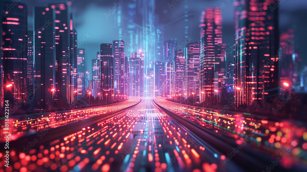 Futuristic cityscape with neon-lit skyscrapers and glowing highways, showcasing advanced urban infrastructure and vibrant nighttime atmosphere.