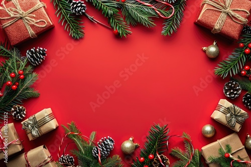 Card with Christmas frame for text with fir decorations and gifts on red background - generative ai