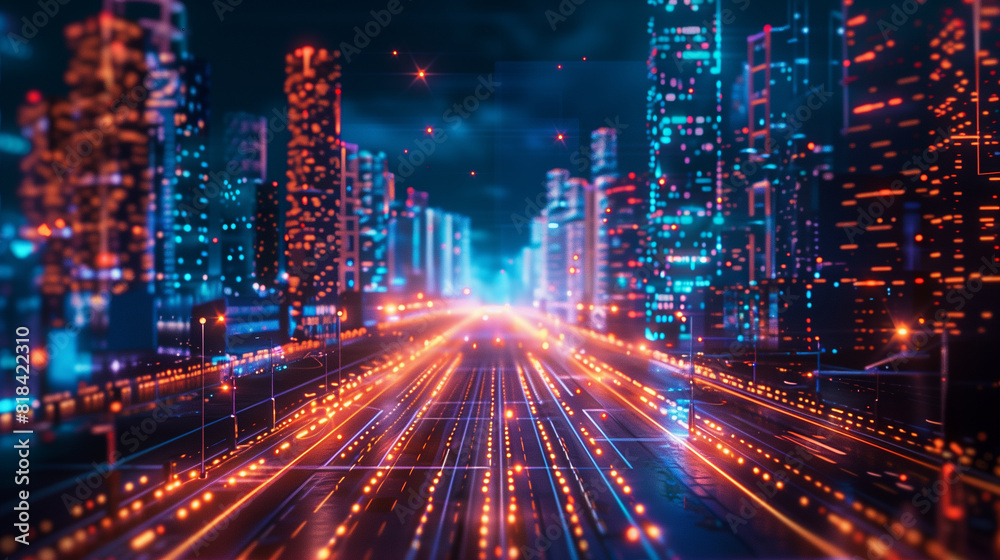 Vibrant futuristic cityscape featuring neon-lit skyscrapers and illuminated highways at night, showcasing modern urban technology and nightlife.