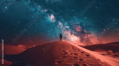 Beautiful night landscape with a starry sky and desert dunes in the background. A man is walking on sand hills at dusk 