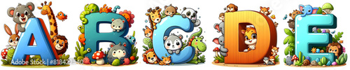 Alphabet letters A - E with fun cute cartoon animals around them, isolated on white