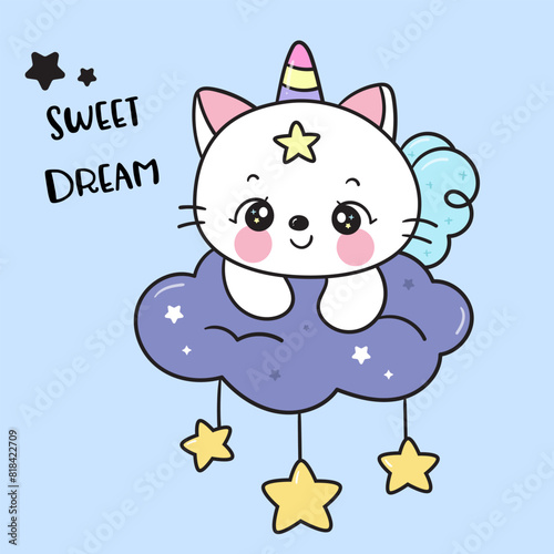 cat unicorn on cloud kawaii kitten animal sleep card good night bedtime story