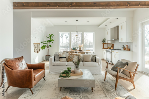 Mid-century style home interior design of modern living room with white sofa and brown leather armchairs.