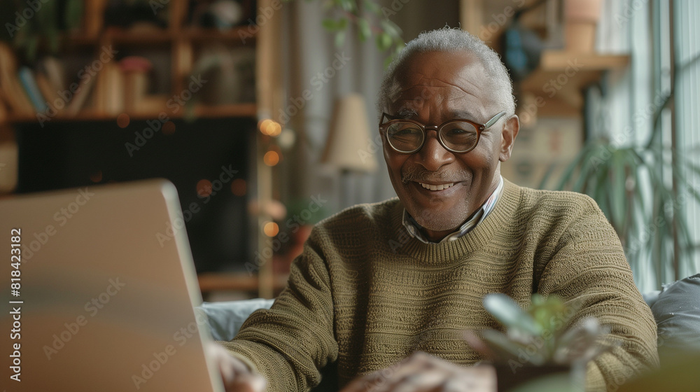 Obraz premium Photo of an elderly man in his late 60s with a kind face and glasses, wearing a pastel sweater, smiling gently while working on a laptop at a table.