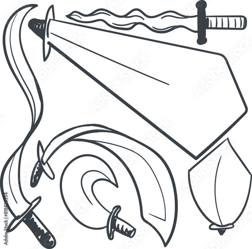 Cartoon distorted set consists of different swords and daggers.