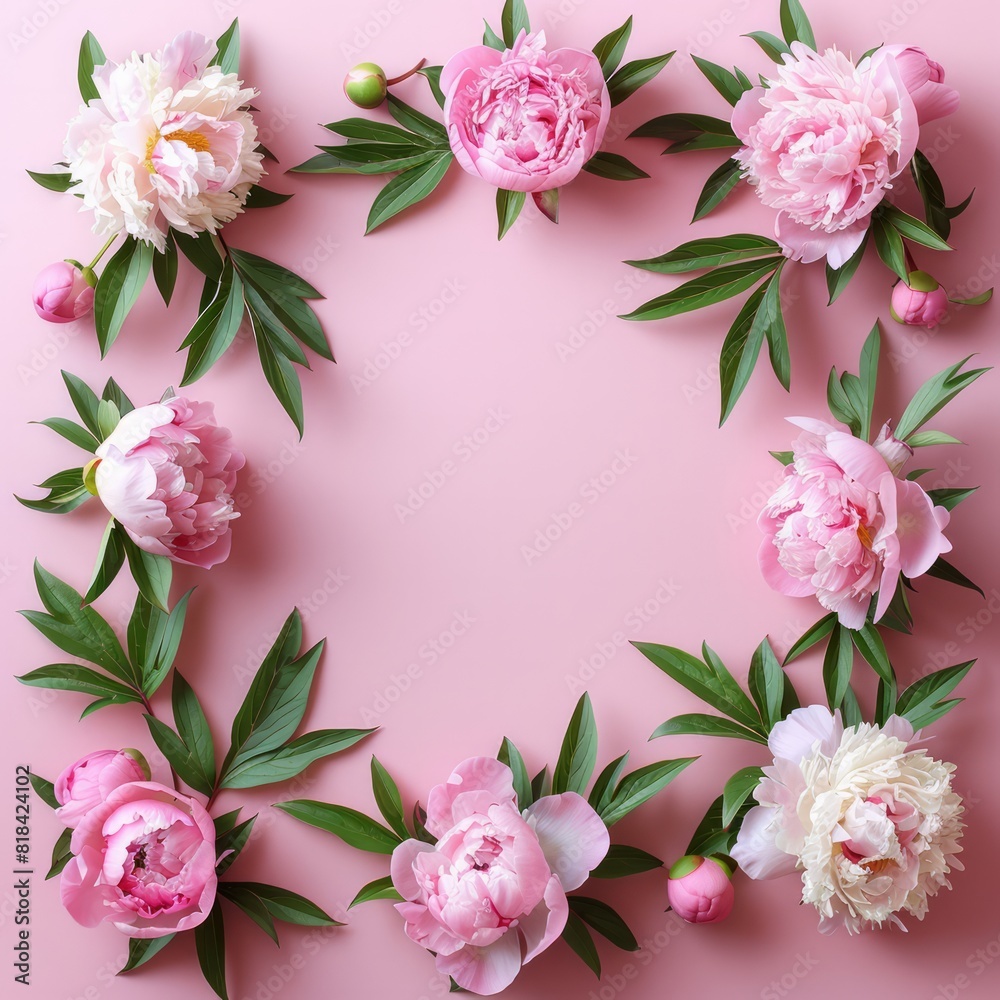 Peony flowers create a lovely frame on a pink background, providing a summer-inspired flat lay with generous copy space for your text or artwork. Peony flowers create a lovely frame on a pink background, providing a summer-inspired flat lay with generous copy space for your text or artwork.