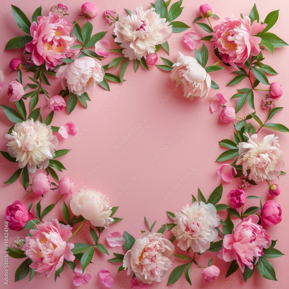 Peony flowers create a lovely frame on a pink background, providing a summer-inspired flat lay with generous copy space for your text or artwork.