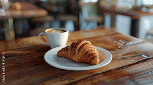 croissant and 1 cup of hot coffee  placed on the table