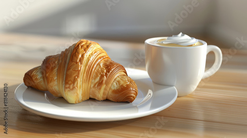 croissant and 1 cup of hot coffee  placed on the table