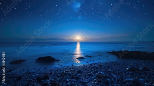 blue night sky with stars over the sea, rocky beach at low tide with reflections and silhouette of sun on horizon,