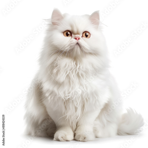 Longhair White Persian Cat Sitting – Kitten Isolated White Background