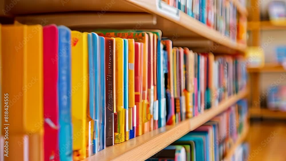 Colorful books aligned on shelf in library Colorful books aligned on shelf in library