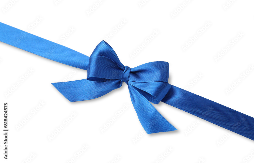 Blue satin ribbon with bow on white background, top view Blue satin ribbon with bow on white background, top view
