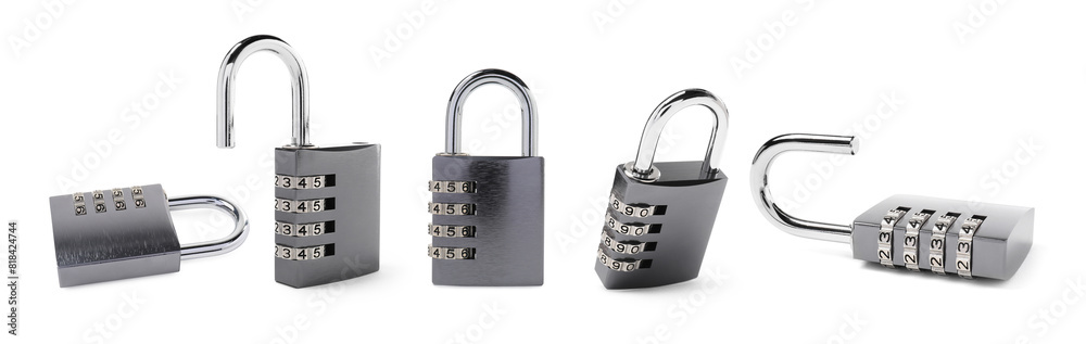 Steel combination padlock isolated on white, different sides. Set Steel combination padlock isolated on white, different sides. Set