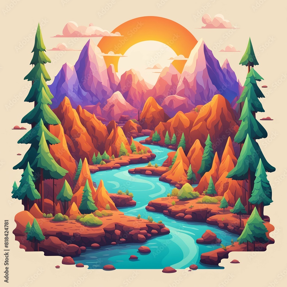 vector sunrise over the mountains with rivers generative ai