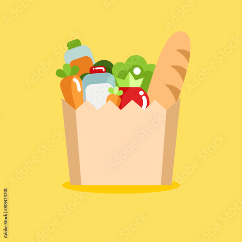 Vector flat illustration. Food delivery. Package with food on a yellow background.