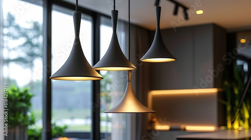 Sleek pendant lights dangle with elegance in modern interior photo