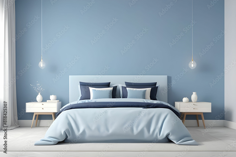 Sky blue or pale pastel tone bedroom with a blue navy bed. Empty painted wall for art. Mockup light background interior design rich home or hotel. Accent color trend. 3d rendering Sky blue or pale pastel tone bedroom with a blue navy bed. Empty painted wall for art. Mockup light background interior design rich home or hotel. Accent color trend. 3d rendering