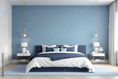 Sky blue or pale pastel tone bedroom with a blue navy bed. Empty painted wall for art. Mockup light background interior design rich home or hotel. Accent color trend. 3d rendering