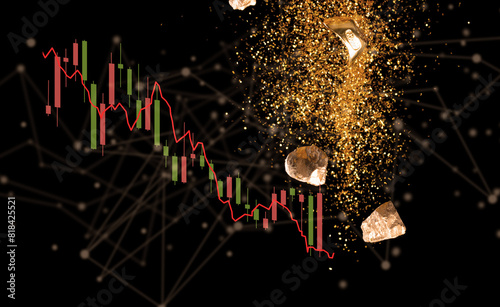 Price of gold decrease falling down as economic recession. Gold ingot glitter price falling down as economy investment change. Gold is store of value in speculate recession crisis