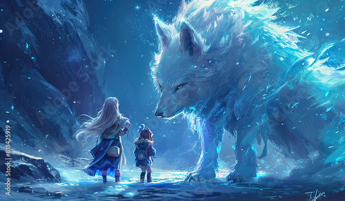 A girl in a dress stands in a snowy forest next to a large white wolf. photo