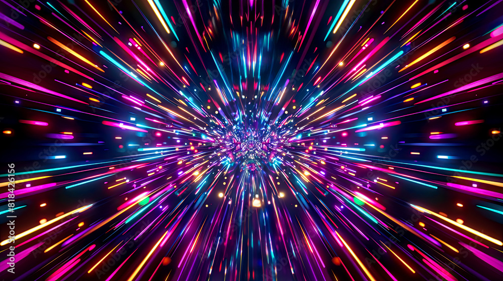 Vivid light trails and sparkles. Multicolored neon light streaks and dots radiate from central point Vivid light trails and sparkles. Multicolored neon light streaks and dots radiate from central point