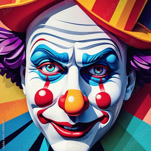 friendly colorful clown with a hat and eye contact with the viewer