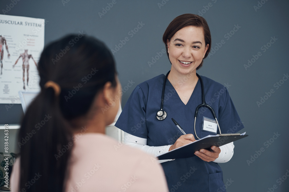 Nurse, woman and patient or clipboard for consultation in hospital with sick person, medical history and symptoms with back. Healthcare, expert and notes with question, treatment and help in checkup Nurse, woman and patient or clipboard for consultation in hospital with sick person, medical history and symptoms with back. Healthcare, expert and notes with question, treatment and help in checkup