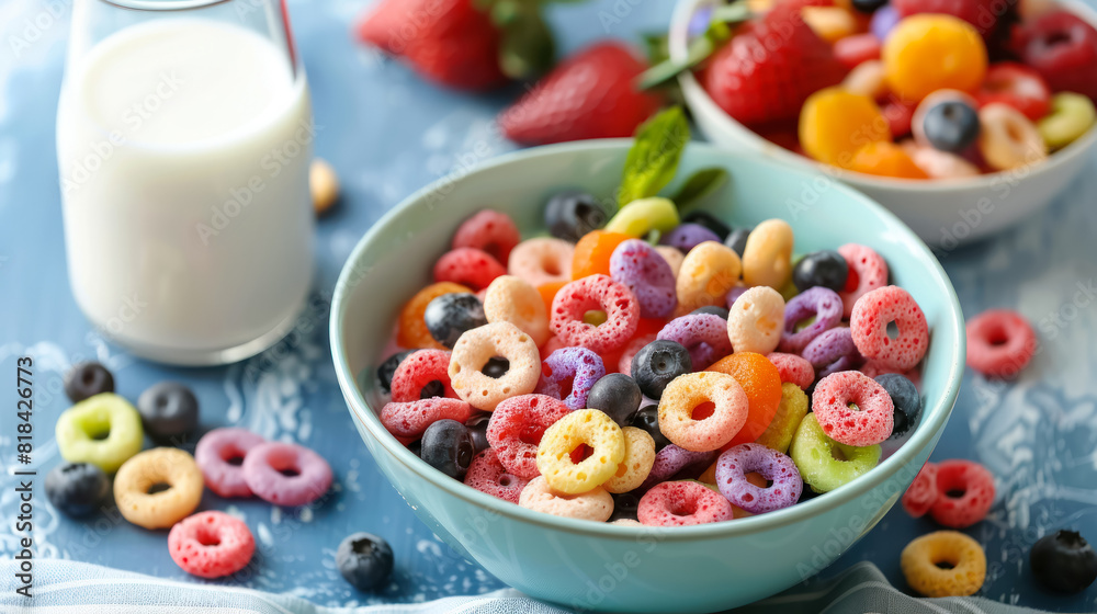 healthy breakfast with colorful cereal loops, fruits, and milk on a sunny morning healthy breakfast with colorful cereal loops, fruits, and milk on a sunny morning