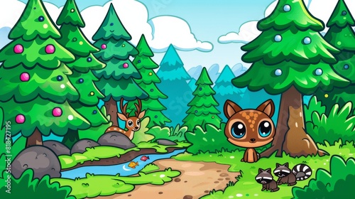Whimsical Forest Scene with a Cute Cartoon Squirrel and Raccoons by a Stream Among Lush Pine Trees and Vibrant Greenery