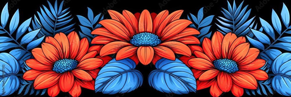 realistic blue and orange flower and leaves tropical flower in spring season isolated in background with realistic digital drawing for summer design element greetings card 