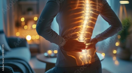 Close up of a woman with back pain holding her lower lower back at home, blurred living room background and a glowing spine in the middle, real photo.