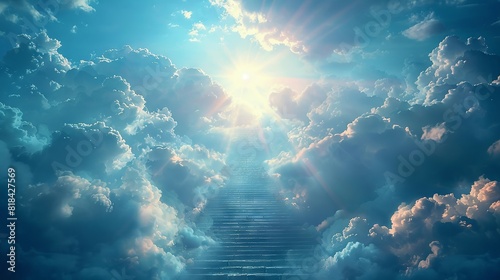 Soft blue clouds reveal radiant sunbeams over celestial stairs photo